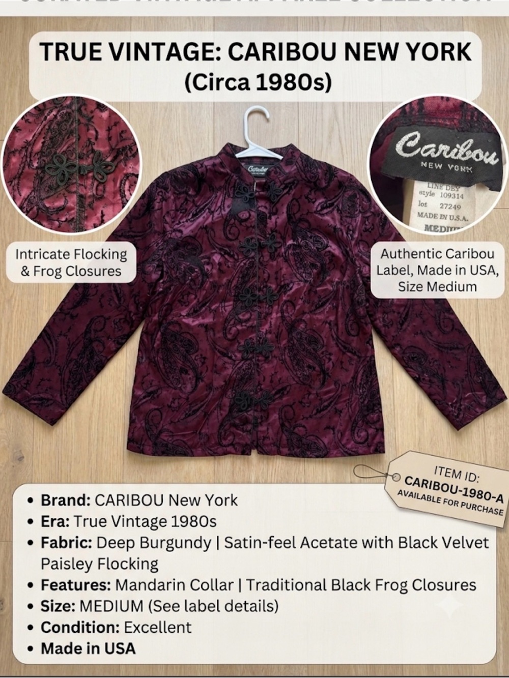 VTG 80s Caribou NY Burgundy Black Paisley Mandarin Collar Jacket Med USA